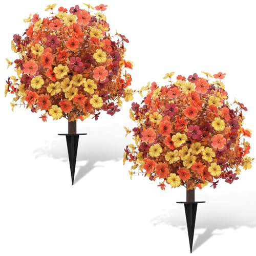 Artificial Topiary Ball Trees, Orange Flower | Ground Spikes, UV Resistant, Faux Greenery Shrubs, For Garden Porch Yard Patio Decor - color: Orange Flower
