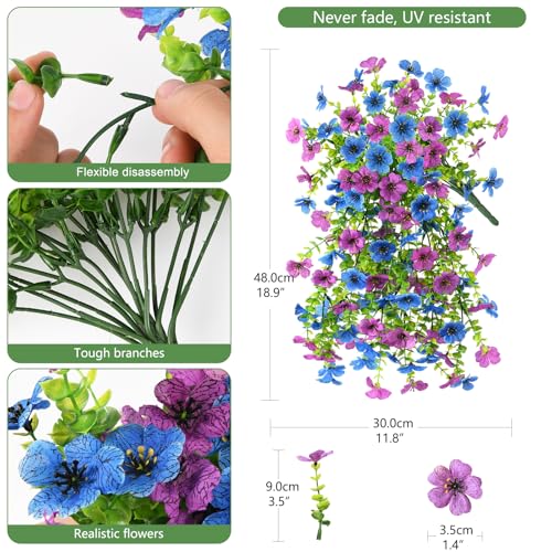 INQCMY 2Pcs Artificial Fake Hanging Flowers for Outdoors UV Resistant Artificial Plants for Spring Summer Decor Look Real Faux Flowers for Outside Home Planter Porch Patio Decor - color: Purple Blue