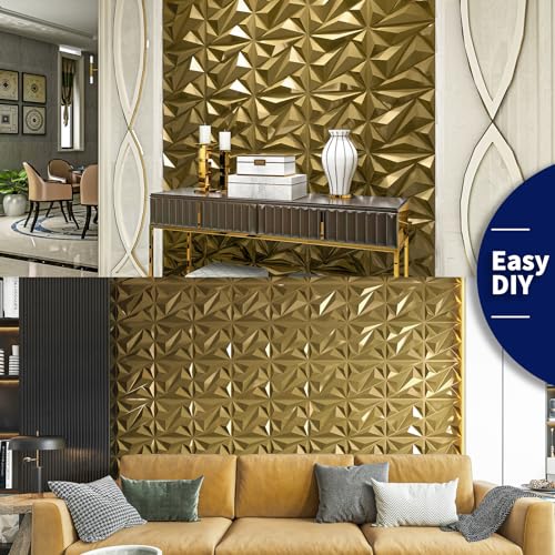 Art3dwallpanels 33 Pack 3D Wall Panel Diamond for Interior Wall Décor, PVC Textured Wall Panels, 12''x12'' Cover 32.Sq.Ft. Golden - color: Golden, size: 33 Pack