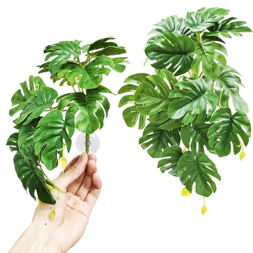 Woyrise Reptile Plants for Terrarium, Artificial Hanging Plants with Suction Cups, Amphibian Tank Habitat Decor Plastic Plant for Bearded Dragons Lizards Snake Geckos Frogs - 2Pack Fake Monstera - color: Monstera