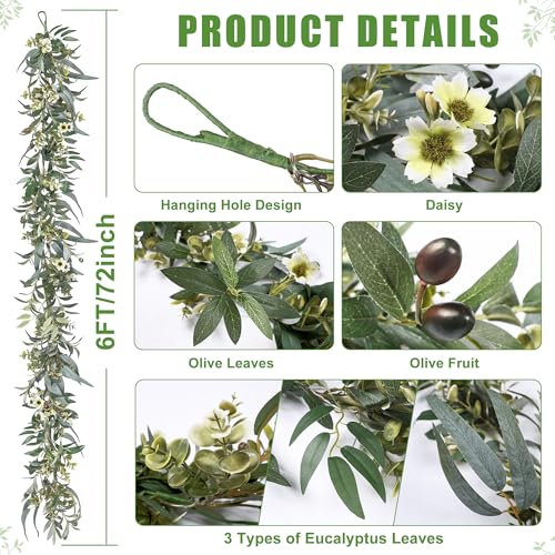 Artgar Olive Garland with Lights - 6 Ft Eucalyptus Garland with Timer 30 Fairy Lights, Artificial Greenery Olive Leaf Vine Garlands for Indoor Outdoor Wedding Arch Backdrop Table Spring/Summer Decor - color: Olive Garland