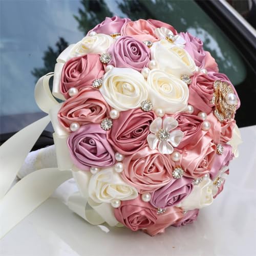 MaxxCloud 8.3‘’ Handmade Romantic Toss Bouquet for Bride Stunning Bridesmaid Brooch Wedding Bouquet with Jewelry Petals 3 Pink and Ivory - color: 3 Pink+ivory, size: 8.3''/21cm