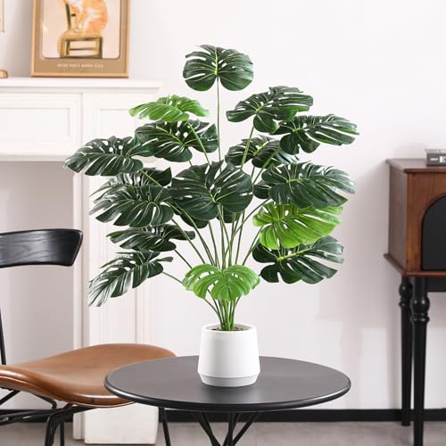 Pertivery 28'' Fake Plants Large Artificial Monstera Faux Plants Indoor Tall Plant, Pre-Assembled with White Planter Ideal, for Home Living Rooms, Patios, Porches, Bathrooms, and Outdoor Decor DIY