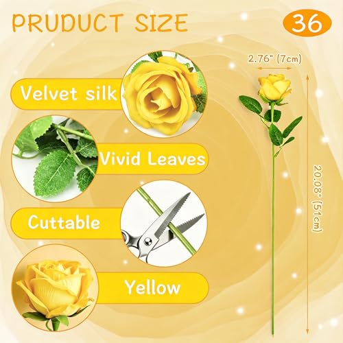 Rose Artificial Flowers Velvet Bouquet with Long Stem Real Touch Fake Roses Florals for Bridal Wedding Bouquet Party Arrangement Centerpiece Decorations (36, Yellow) - color: Yellow