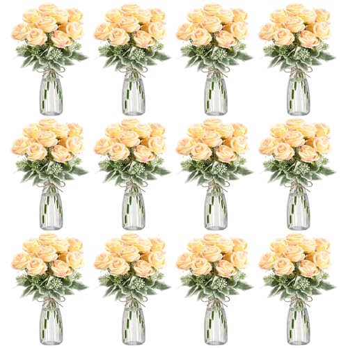 Zeyune 36 Pack Artificial Flowers Centerpiece with Vase Bulk for Wedding Table 24 Bundles Silk Floral Faux Rose Bouquet with 12 Plastic Vase for Bridal Shower Table Decor(Champagne) - color: Champagne