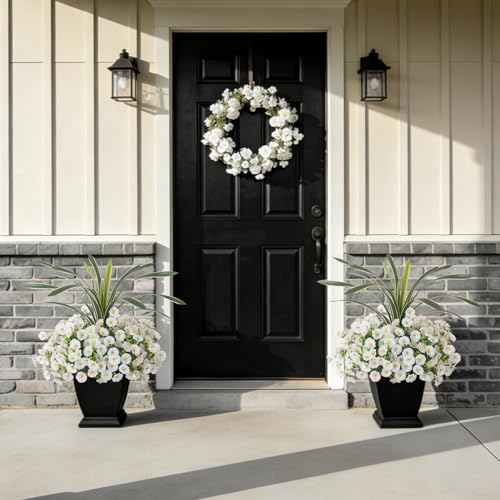 INXUGAO Artificial Flowers for Spring Outdoors Fake Plants Outside, 12 Bundles Silk Morning Glory with Eucalyptus UV Resistant Realistic Faux Flowers for Porch Planter Garden Patio Decor (White) - color: White