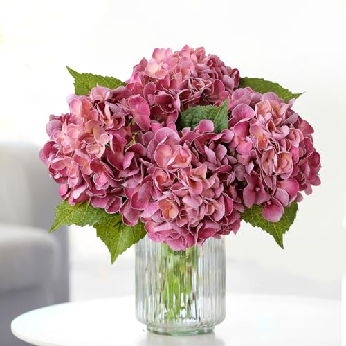 JINWOE Magenta Pink Hydrangea Artificial Flowers, 4Pcs 21” Latex Real Touch Flowers, Full Faux Silk Flowers Fake Artificial Hydrangeas with Stems for Bouquet Table Centerpieces Wedding Baby Showers - color: Magenta