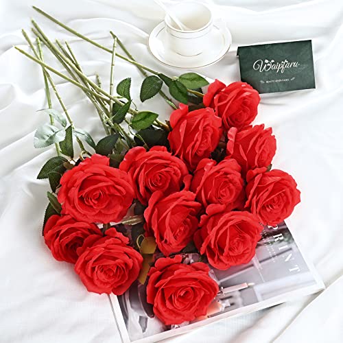 Waipfaru 16 Pcs Artificial Flowers Fake Silk Roses, Faux Real Touch Roses Bouquet with Long Stem for Wedding Party Home Decor (Red) - color: A-red, size: 16 Pcs