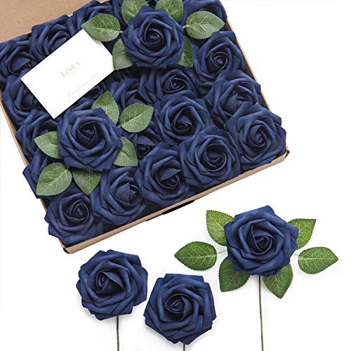 Ling's moment Artificial Flowers 25Pcs Deep Navy Blue Roses Decor w/Stems,3" DIY Foam Floral for Wedding Bouquet/Centerpieces, Outdoors Party Backdrop, Room/Table, and Garden/Pot Decor - color: Blu- Navy Blue, size: 25Pcs