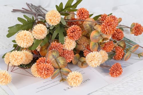 Pompom Mum Artificial Flowers,8 Stems Faux Kiku Flower with 3 Branches Eucalyptus Stems Mixed Orange Flowers Silk Pom Pom Balls for Wedding Bouquet Home Party Floral Arrangements(Mixed Orange) - color: Mixed Orange