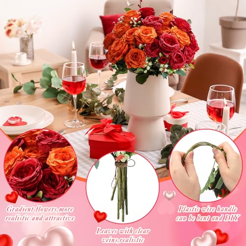 Geosar 8 Bundles Artificial Peonies Flowers Fake Silk Peony Bouquet Faux Peonies Flowers Bulk for Decoration Vase Floral Arrangements Wedding Party Table (Orange,Deep Red) - color: Orange, Deep Red
