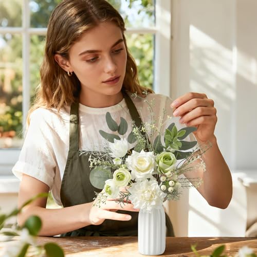Small 11" Artificial Flowers in Ceramic Vase - White Green Silk Flower Centerpiece for Dining Table, Office, Wedding & Farmhouse, Home Decor Gifts - color: White Green