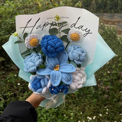 Completed Blue Crochet Flowers Bouquet, Handmade Knitted Bouquet, Crochet Artificial Flowers for Mother's Day, Graduation, Birthday, Wedding, Home Decor, Gifts (Blue Rose) - style: Blue Tulip & Rose