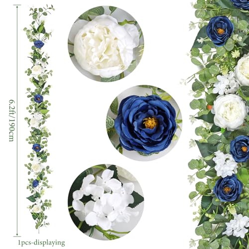 Betylifoy 2 Pack 6.2Ft Blue White Flower Garland Artificial Eucalyptus Flower Garlands Fake Peony Rose Floral Vines Silk Hydrangea Hanging Vine Greenery Garland for Wedding Party Table Backdrop Decor - color: Blue&white