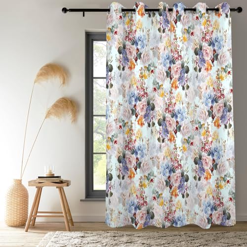Renaiss Flower Blossom Curtains Watercolor Floral Painting Thermal Insulated Window Curtains for Living Room Bedroom Blackout Window Drapes Grommet Top 29W x 45L Inch 2 Panel Set - color: Watercolor, size: 29"W x 45"L (Pack of 2)