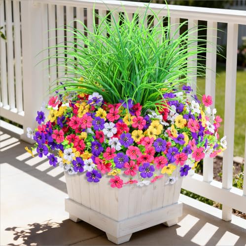 INQCMY Artificial Flowers for Outdoors UV Resistant, 14 Bundles Fake Plants Realistic Silk Flowers with Faux Ferns for Outside Planters Home Porch Patio Garden Back Yard Spring Summer Decoration - color: Deep Purple Rose Red White Yellow