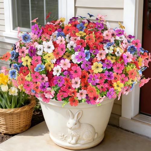 16 Bundles Artificial Flowers for Outdoors, Realistic Fake Silk Flowers for Outside, UV Resistant Faux Plants for Outdoor Planter, Hanging Basket - Porch Spring Easter Decor(8 Colors) - color: Mix 8 Colors, size: 16PCS