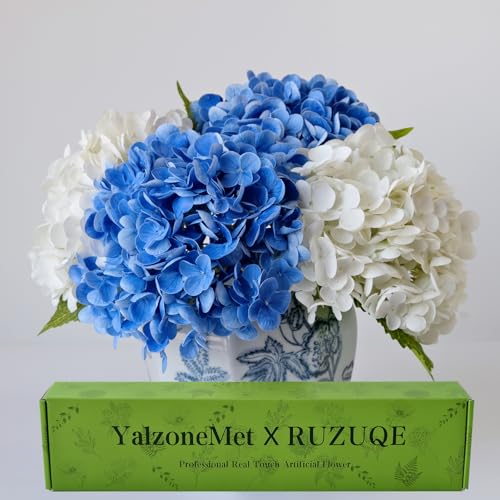 YalzoneMet 4Pcs Real Touch Hydrangea Artificial Flower Natural Lifelike 21'' Latex Long Stem Latex Hydrangea Flower Bouquets for Home Party Wedding Table Centerpiece Decor（2 White+2 Dark Blue） - color: White Dark Blue