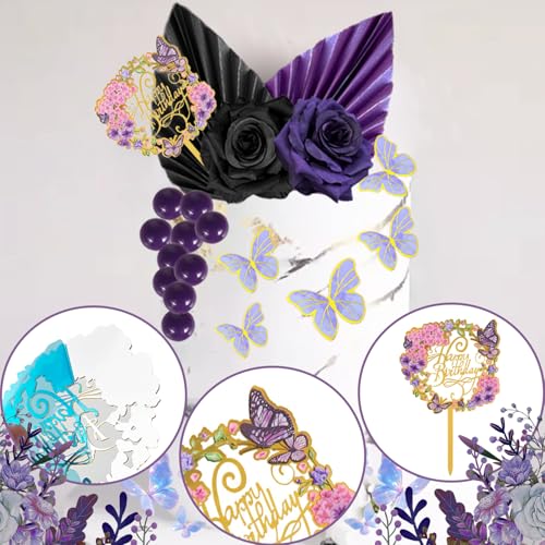 29 PCS Flower Cake Topper Palm Leaves Butterfly Ball Boho Cake Decorations Acrylic Happy Birthday Cake Toppers Cupcake Cake Topper for Wedding Birthday Party Decoration Supplies(Black Purple) - color: Black Purple