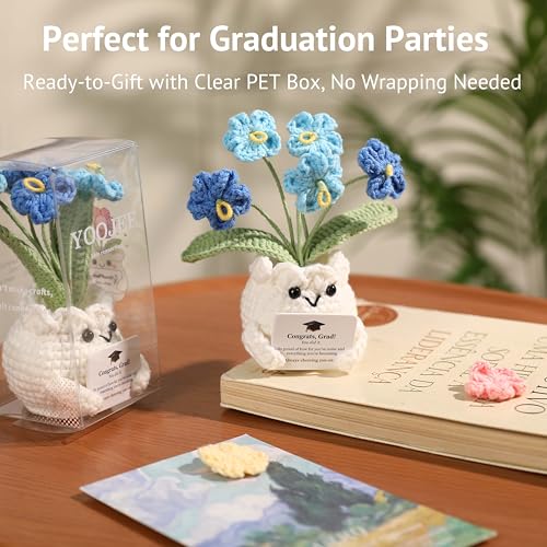 YOOJEE Crochet Forget Me Not Graduation Gift – Class of 2026 Blue Flowers with Card “Congrats, Grad! You Did It.”, Meaningful Gift for Student, Senior, Keepsake Desk Decor - color: E-Graduation-Blue