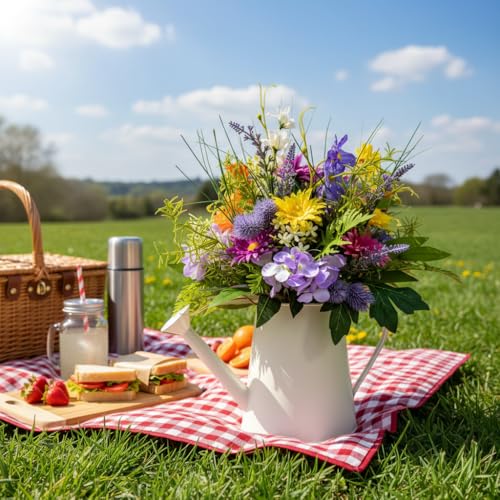 14 Inch Lighted Farmhouse Watering Can Centerpiece with Timer | Spring Summer Floral Arrangement with Daisies, Lavender, Orchids and 10 Warm LED Lights for Table Kitchen Decor