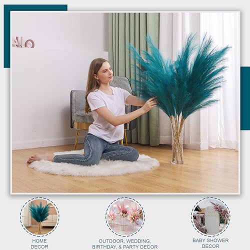 7 Pcs 45" Faux Pampas Grass – Fluffy Artificial Pompous Grass for Tall Floor Vase, Non-Shedding Home Decor, Boho Wedding Flowers, Baby Shower Centerpieces, Bedroom & Living Room Decor (Blue) - color: Blue