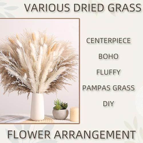 Dried Pampas Grass Bouquet White and Brown Boho Floral Arrangement Wedding Decor and Rustic Home Decor Faux Pampas Grass Tall Centerpiece for Table and Vase (Natural Harmony) - color: Natural Harmony