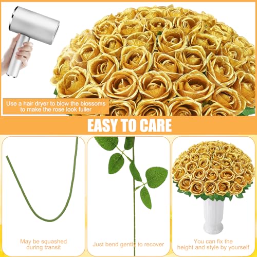 72 Pcs Artificial Roses Gold Fake Silk Roses Realistic Roses Faux Flower Indoor Wedding Home Decor, Birthday Decorations - color: Gold