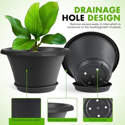 Quarut 12 Inch Pots for Plants,4 Pack Large Flower Pots with Drainage Hole & Saucer,Modern Planters for Indoor Outdoor Plants,Decorative Resin Garden Pots Black - color: Diamond Pattern-black, size: 12 inch-4 Pack