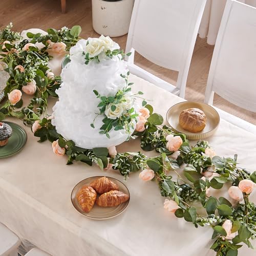 PONKING Flower Garland Artificial Rose Vine Flowers Hanging Fake Roses Vines for Wedding Birthday Party Valentines Christmas Room Wall Arch Decor, 2 Off White Floral Garland Decorations - color: 2" Flower Champagne Vines 5.4ft