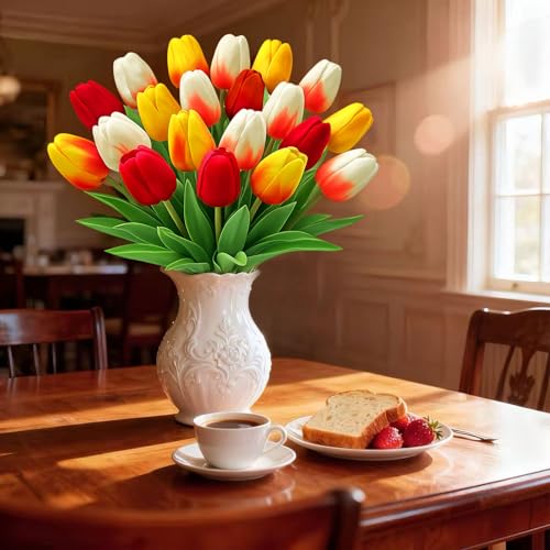 20 Pcs Tulips Artificial Flowers, 13.5'' Real Touch PU Fake Flowers Bouquet for Home Party, Spring Wedding Floral Arrangement, Valentine's, Easter and Mother's Day Decor (Red,Sunset,White) - color: Red,sunset,white