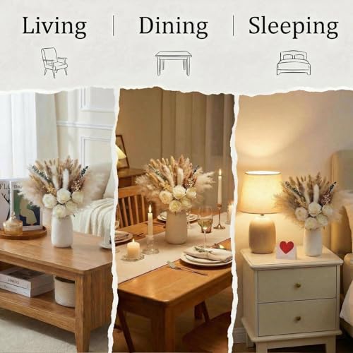 100pcs Dried Pampas Grass with Vase, Includes Artificial Silk Roses, Boho Natural Dried Flowers for Coffee Table Dining Room Home Decor Centerpiece, Farmhouse Rustic Floral Decoration for Living Room