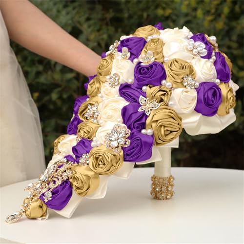 Handmade Satin Rose Water Drop Bridal Bouquet,8.7inch Crystal Wedding Round Tossing Bouquet,Jewelry Proposal Bridesmaid Bouquet Groom Corsage Bride Wrist Flower Ivory (07#Ivory Purple Gold) - color: 07#ivory Purple Gold