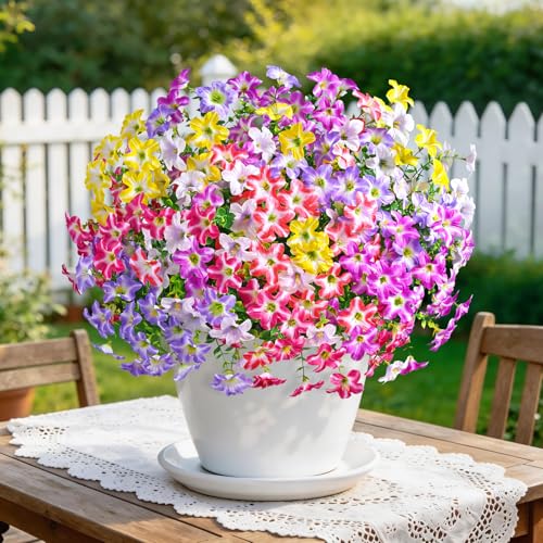 MARTINE MALL 24 Bundles Look Real Artificial Flowers for Outdoors, Realistic Fake Outdoor Flowers, UV Resistant Silk Petunia Flowers for Outside Faux Flowers for Outdoor Garden, Mixed Color - color: Mixed Color-a, size: 24 Bundles