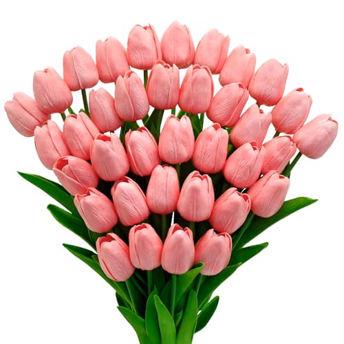 36 Pcs Tulips Artificial Flowers, 13 Inches Real Touch PU Fake Tulips for Wedding Bouquets, Home Decor - color: Pink