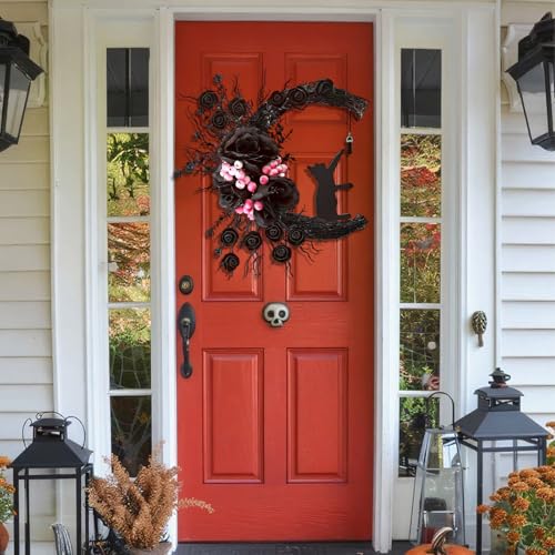 Halloween Wreaths for Front Door, Flower Moon Cat Halloween Home Decoration, Family Gathering Decoration Wreath，Outdoor, Wall, Closet, Fence, Wreath Christmas (Moon Cat Wreath Black) - color: Moon Cat Wreath Black