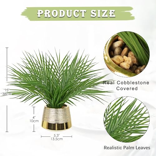 Briful Fake Plants Artificial Palm Leaf Plant in Gold Planter – 15’’ Tall Faux Tropical Greenery in Brushed Gold Pot for Modern Home Decor, Office Desk, Living Room, Shelf, Bathroom Decoration - color: Green#027