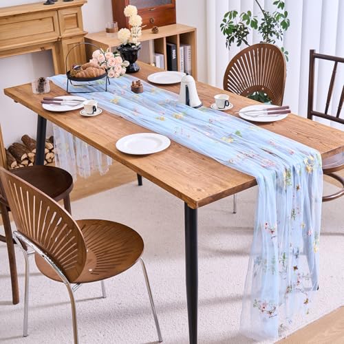 vctops 2 Packs Embroidery Lace Fall Table Runner 10ft Floral Garden Seasonal Tulle Table Runner Holiday Kitchen Dining Table Decoration for Wedding Party Baby Shower Birthday (Blue,30"x120") - color: Blue