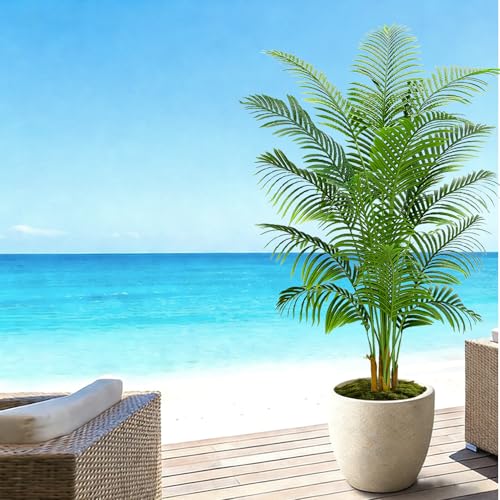2 Pack Artificial Palm Tree Indoor Plant 7FT Tall Fake Tropical Palm Tree in Pot, Real Bark Design Faux Areca Palm Tree for Home Office Living Room Bedroom Farmhouse Modern Outdoor Topiary Tree - size: 7FT-2