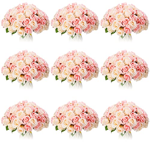Jexine, 10 Bouquets Artificial Rose Flowers, 120 Pcs, Pink and White, Silk, DIY Bride, Home, Wedding Party Decorations - color: Pink and White