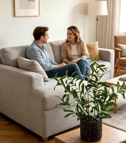 AlphaAcc 18 Inch Artificial Olive Branches Real Looking Potted Plant Fake Olive Tree with Lifelike Leaves and Fruits in Rustic Black Cement Planter Faux Greenery Plant for Indoor Outdoor Decor - color: Green Olive Plant 18" H