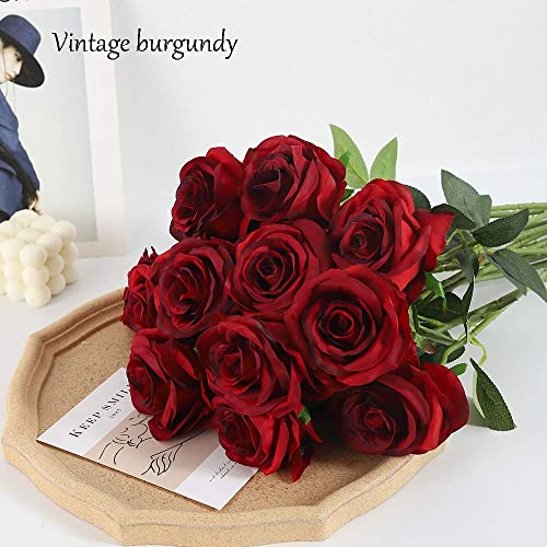 Laelfe 12 PCS Artificial Flowers Roses Silk Flowers Fake Long Stem Artificial Roses for Home Wedding Bathroom Kitchen Decorations (Gradient Burgundy) - color: Gradient Burgundy
