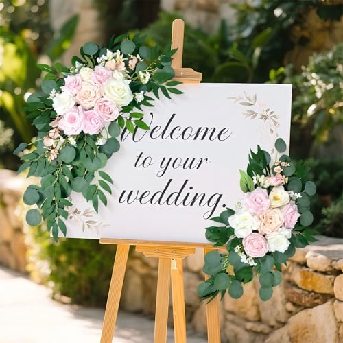 Artificial Wedding Arch Flowers (Pack of 2), White Wedding Flowers for Wedding Welcome Ceremony Sign, Faux Floral Swags, Banquet and Reception Backdrop Floral Decoration (White & Pink) - color: White & Pink