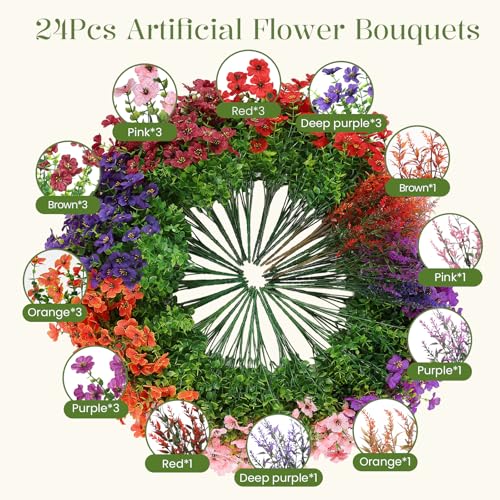 SHareconn 24 Bundles Artificial Flowers for Outdoors Decoration, Faux Plants Fake Silk Colorful Daisy Eucalyptus Lavender, UV Resistant for Outside Home Porch Indoor Spring Decor, 6 Colors incl. Brown - color: Redbrownpurpledeeppurpleorangepink