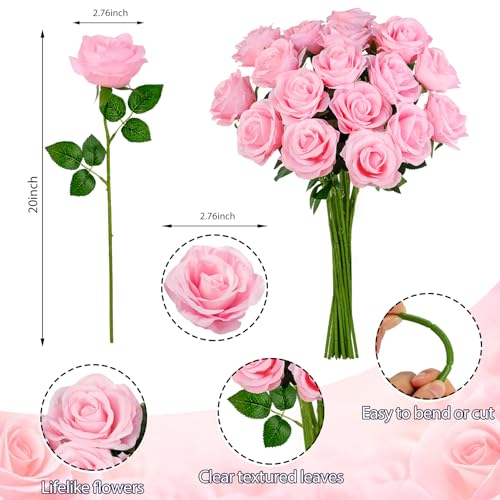 Ouddy Decor 20 Pcs Pink Roses Artificial Silk Flowers Fake Roses Bouquet with Long Stems for Mother's Day Decor Wedding Home Party Table Centerpieces Bridal Bouquet DIY Floral Arrangment, Pink - color: Pink, size: 20 Packs