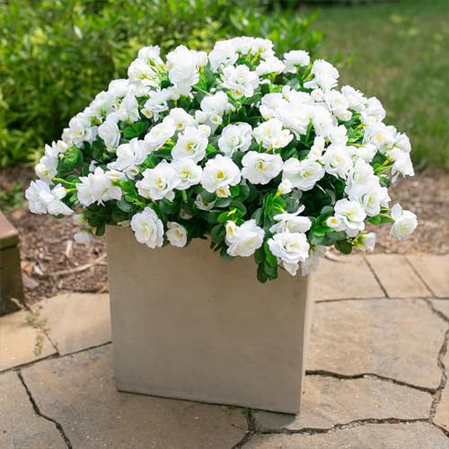 HyeFlora Artificial Fake Flowers Plants for Outdoor Outside Spring Decoration, Faux Silk White Camellia UV Resistant Realistic for Front Door Porch Planter Pot Patio Balcony, 3 Large Bundles - color: White