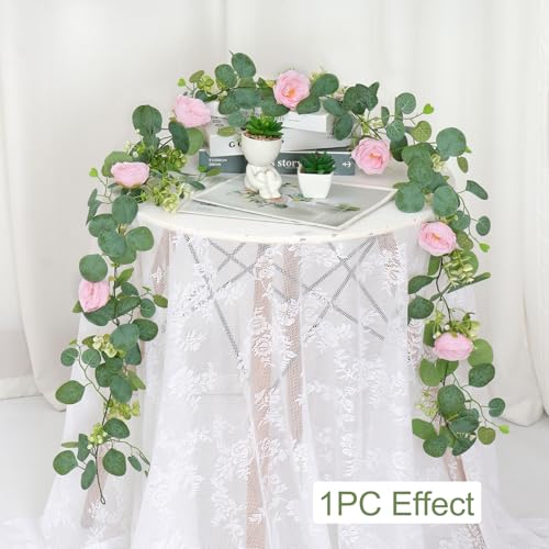 TOCHGREEN 2 Pack 13Ft Artificial Eucalyptus Flower Garland with Pink Camellia, Fake Flower Greenery Garland Floral Vines for Wedding Home Party Room Table Runner Decor (2PCS, Pink) - color: Pink, size: 2PCS