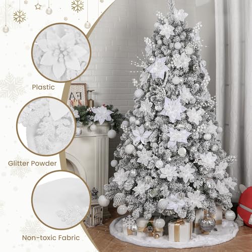 Alupssuc 24PCS 6"& 9" White Artificial Poinsettia Christmas Flowers, Faux Glitter Ornaments for Xmas Tree Wreath Garlands New Year Home Decor, White