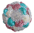 7.9 Inch Handmade Satin Rose Bridal Bouquet Toss Round Wedding Bouquet Throw Toss Artificial Flower Bunch Shimmering Blush Pink + Pale Blue + Ivory - color: W3217d09 Shimmering Blush/Pale Blue/Ivory