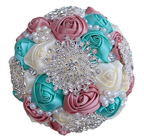7.9 Inch Handmade Satin Rose Bridal Bouquet Toss Round Wedding Bouquet Throw Toss Artificial Flower Bunch Shimmering Blush Pink + Pale Blue + Ivory - color: W3217d09 Shimmering Blush/Pale Blue/Ivory